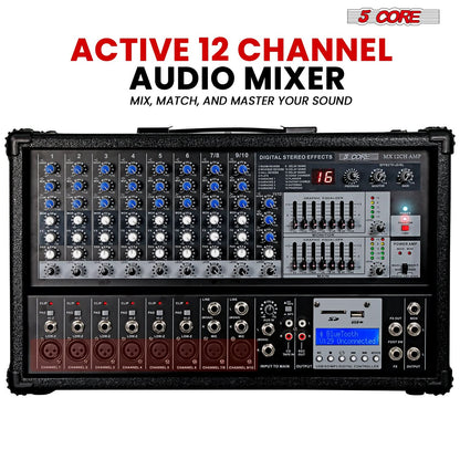 5Core Audio Mixer Powered 12 Channel 240V Mixer System USB MP3 Bluetooth SD readers Digital LCD Display-1